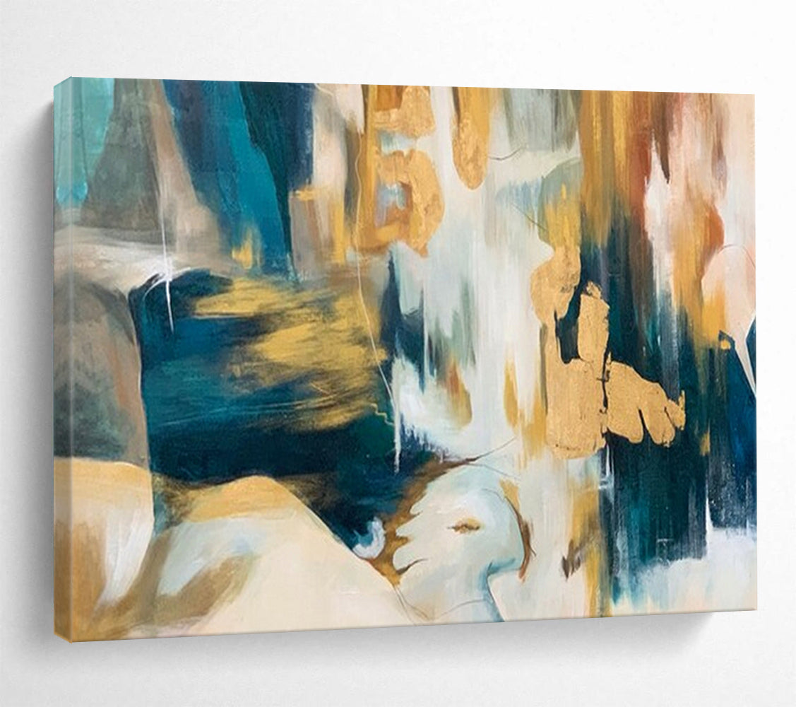 “Teal - Gold Abstract Shapes” - Dynamic Teal “Gilded Currents” Painting On Canvas PT1636