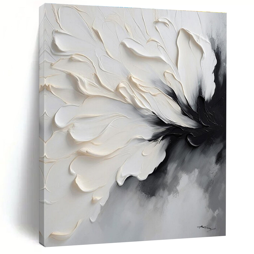 “Monochrome Floral Impasto” - White, Gray, Black Textured Floral Painting On Canvas PS0768