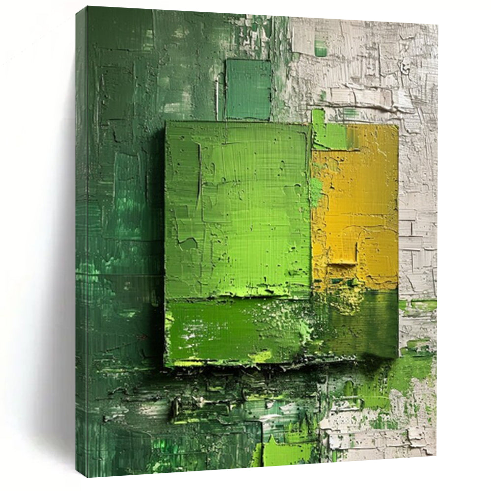 “Green - Yellow Textured Squares” - Abstract Expressionist Painting On Canvas DS030