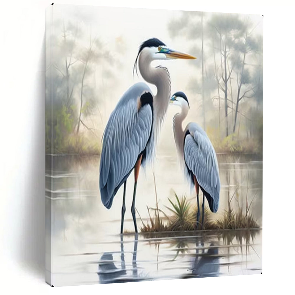 Blue Herons in Misty Marsh, Romanticism like Turner, Wildlife Painting On Canvas PT2129