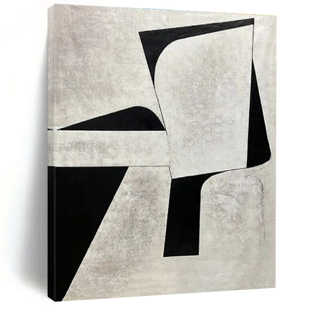 “Monochrome Geometric Shapes” - Beige, Black Abstract Minimalist Painting On Canvas PS0671