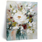 White, Pink, Green Flowers with Textured Petals "Colorful Textured Blooms" Impressionist Painting On Canvas PS1332