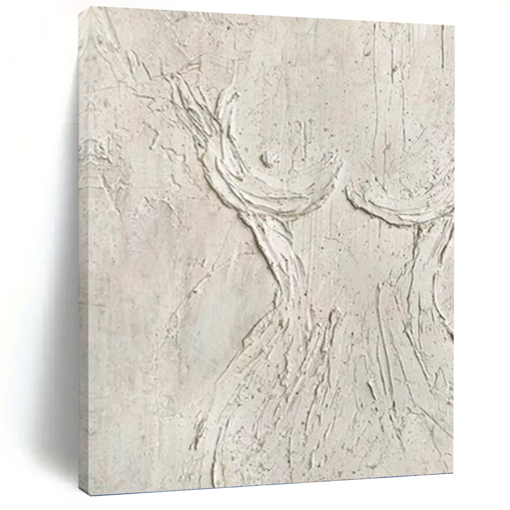 “White Textured Figure Abstract” - Minimalist Plaster Painting On Canvas PT0989