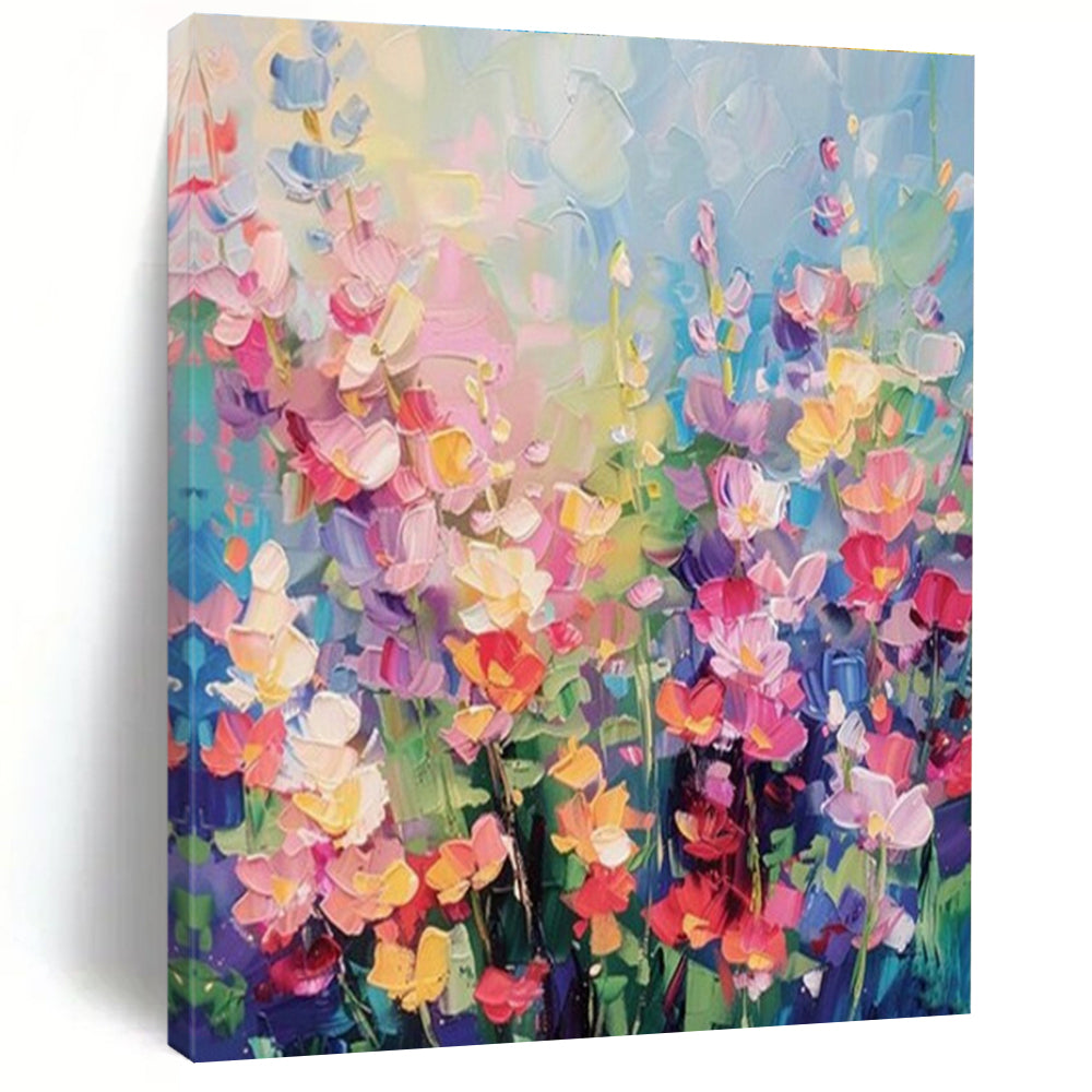 “Colorful Floral Field” - Multicolor Abstract Floral Painting On Canvas PS0694