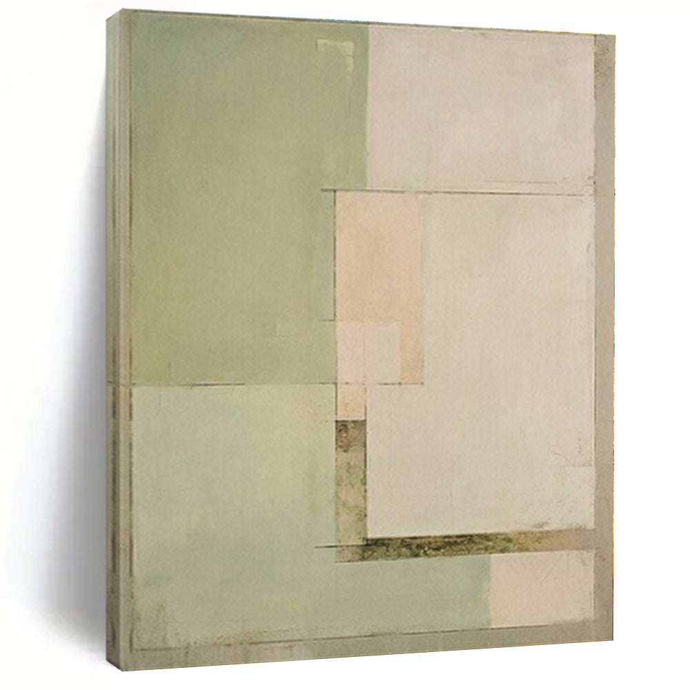 “Soft Green Blocks” - Light Green, Beige Abstract Minimalist Painting On Canvas PS0398