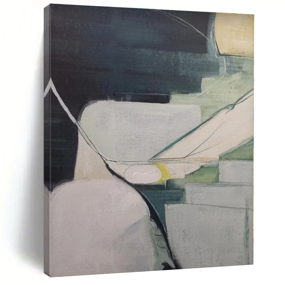 “Muted Tones Geometric Abstraction” - Gray, Green, White Abstract Geometric Painting On Canvas PS0556