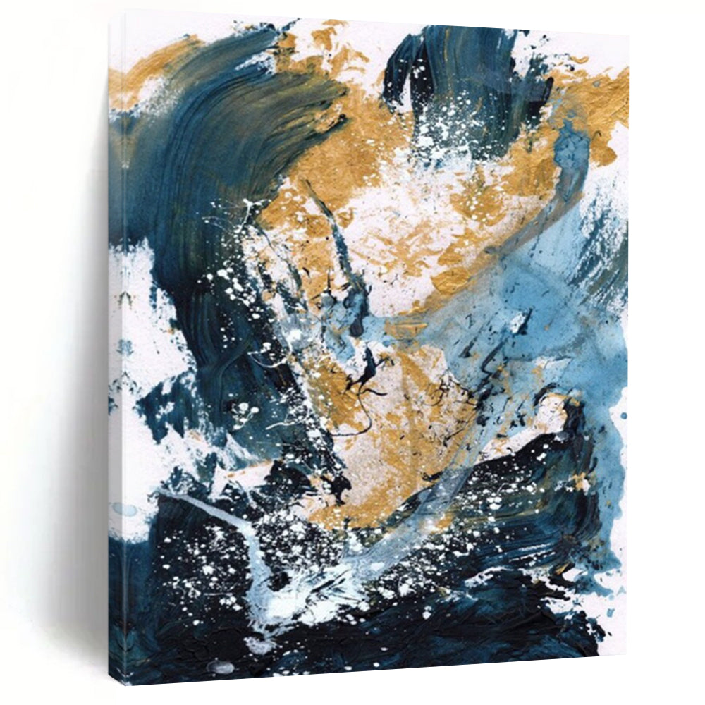 “Blue, Gold & White Abstract Splash” - Dynamic Colors with Energetic Marks Painting On Canvas DS234