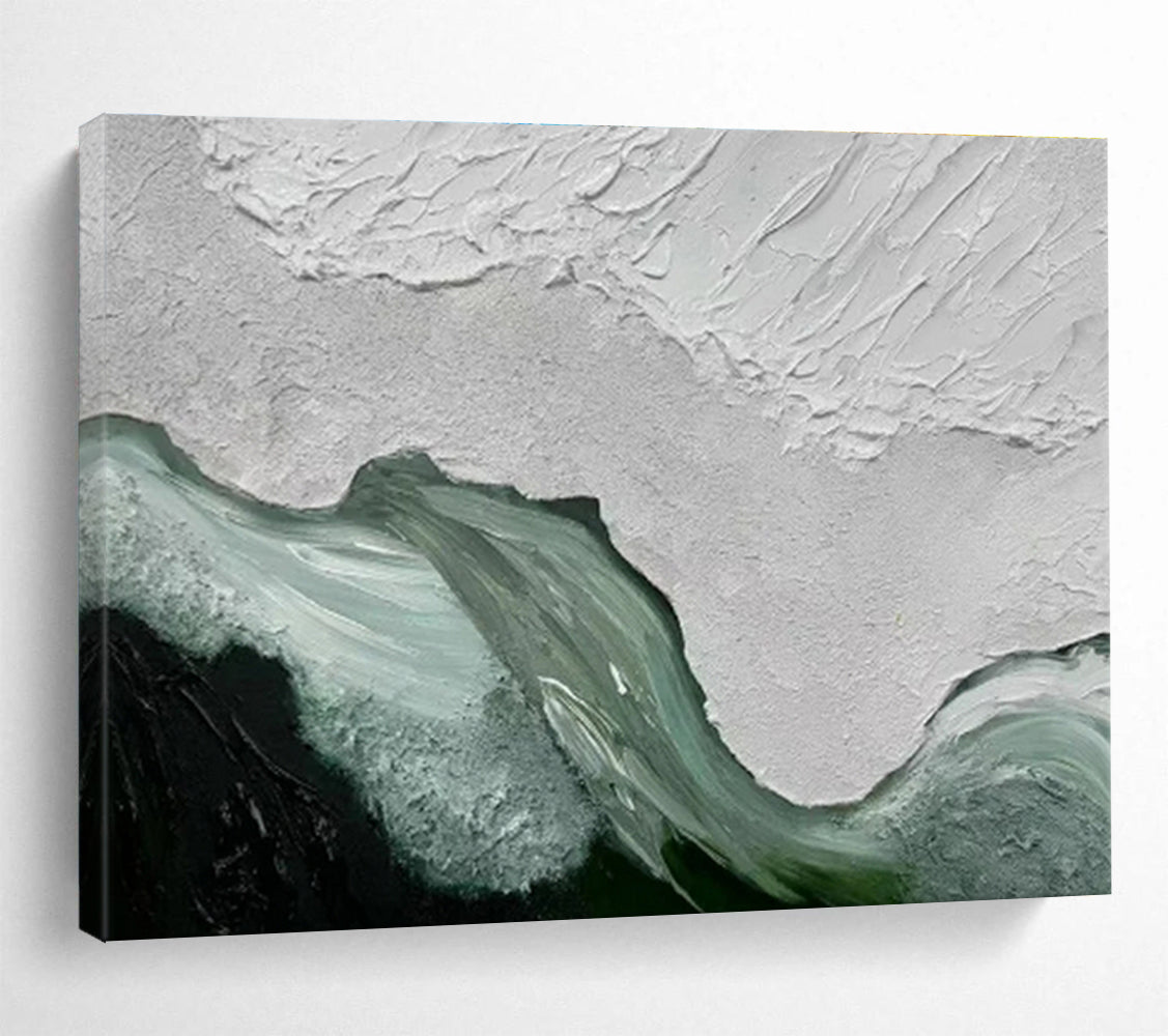 “Textured White - Green Abstraction” - White, Green & Black Abstract, Impasto Acrylic Painting On Canvas DKS744
