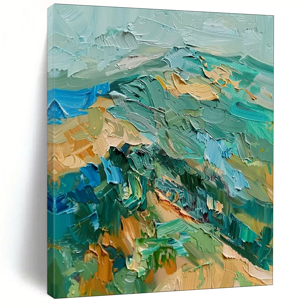 “Textured Green and Blue Impasto Landscape” - Impasto Landscape Painting On Canvas PT1938
