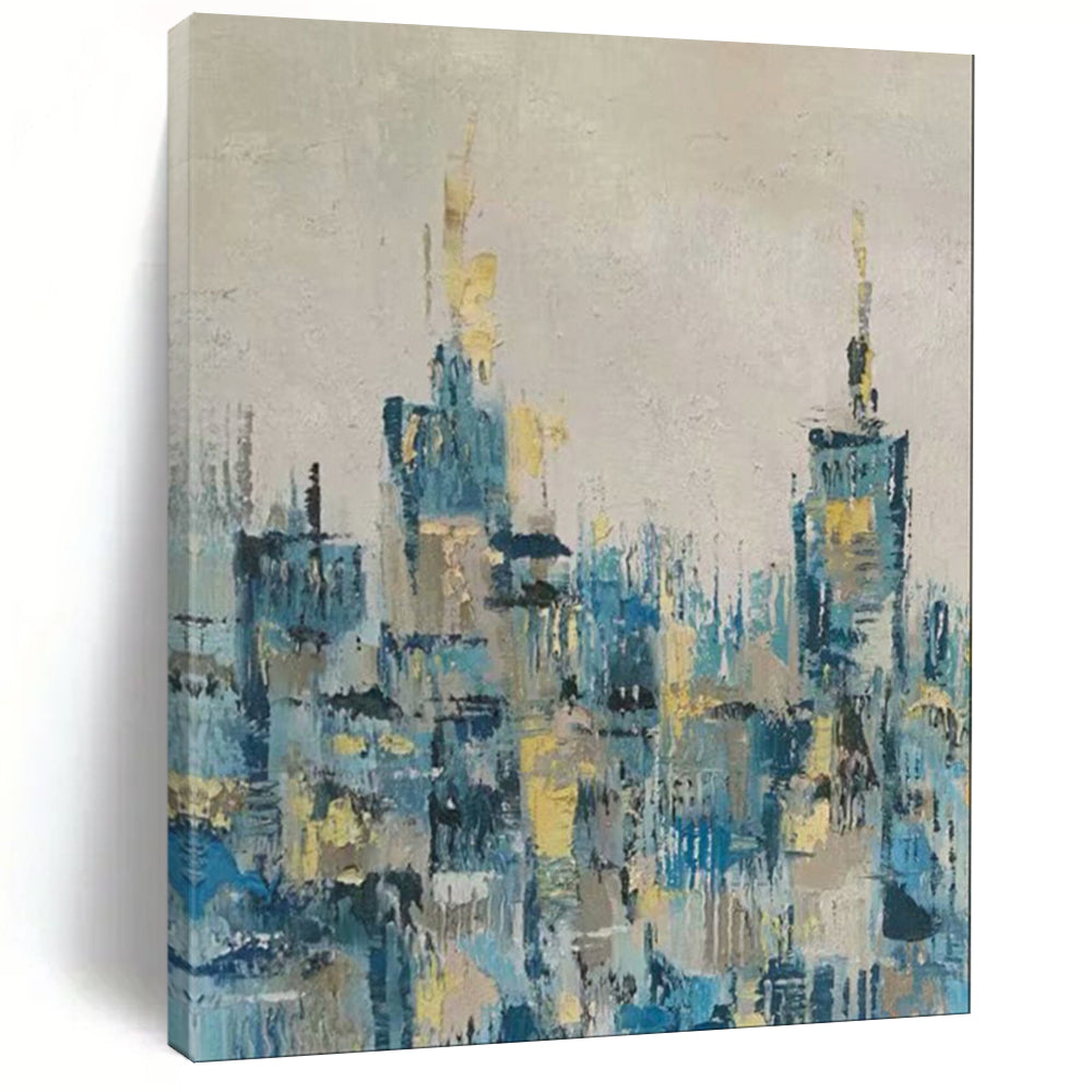 “Blue - Gold Abstract City Skyline” - Oil Painting On Canvas PT2080