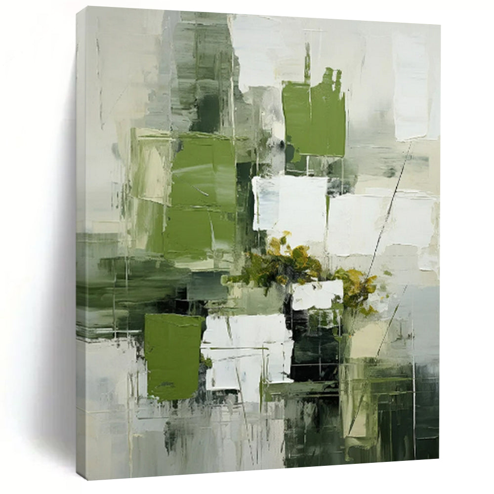 “Green and White Abstract Floral” - Modernist Still - Life Painting On Canvas PT2264