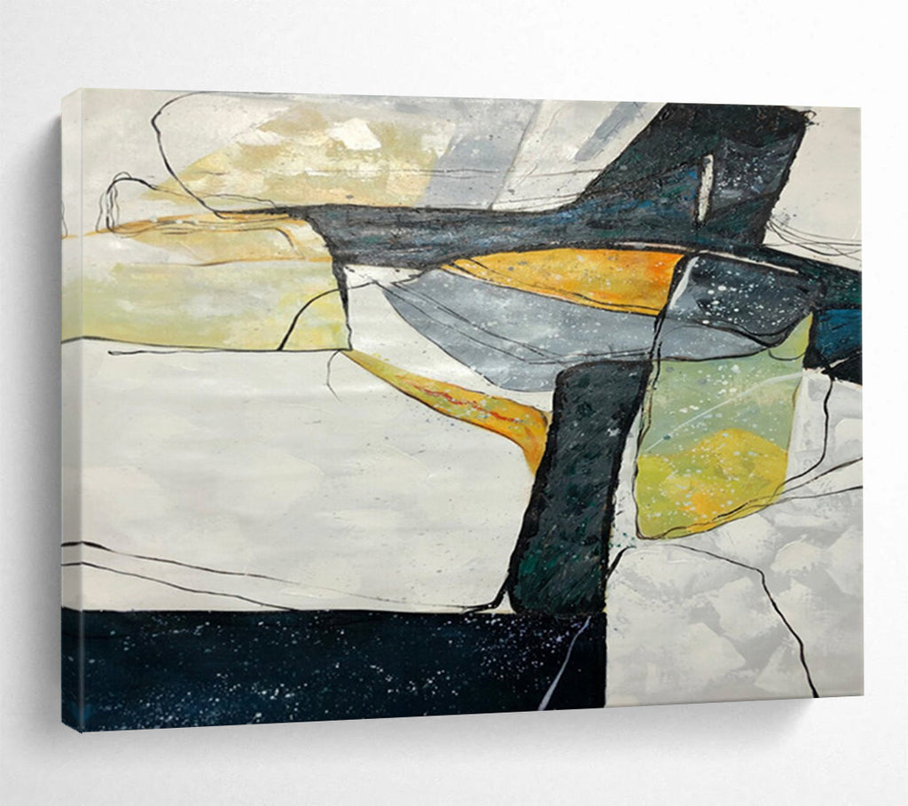 “Geometric Abstract Coastal in Blacks, Whites & Colors” - Modern Cubist - Inspired Oil Painting On Canvas PT038