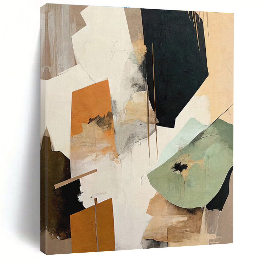 “Orange & Green Abstract Collage” - Orange, Green, Gray, White Abstract Mixed - Media Painting On Canvas PS0756