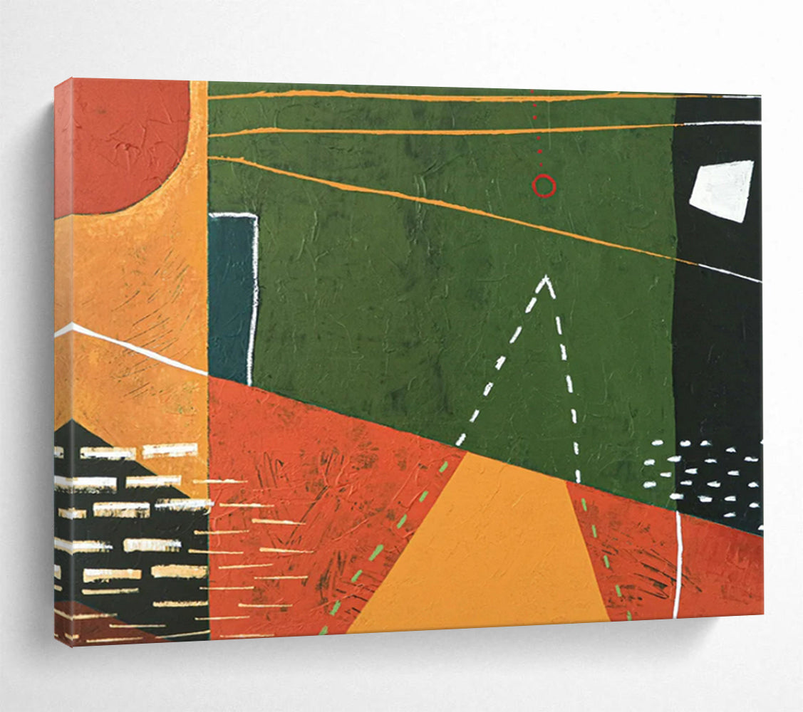 “Geometric Abstraction in Green, Orange, Red” Geometric Abstract Painting On Canvas PT1808