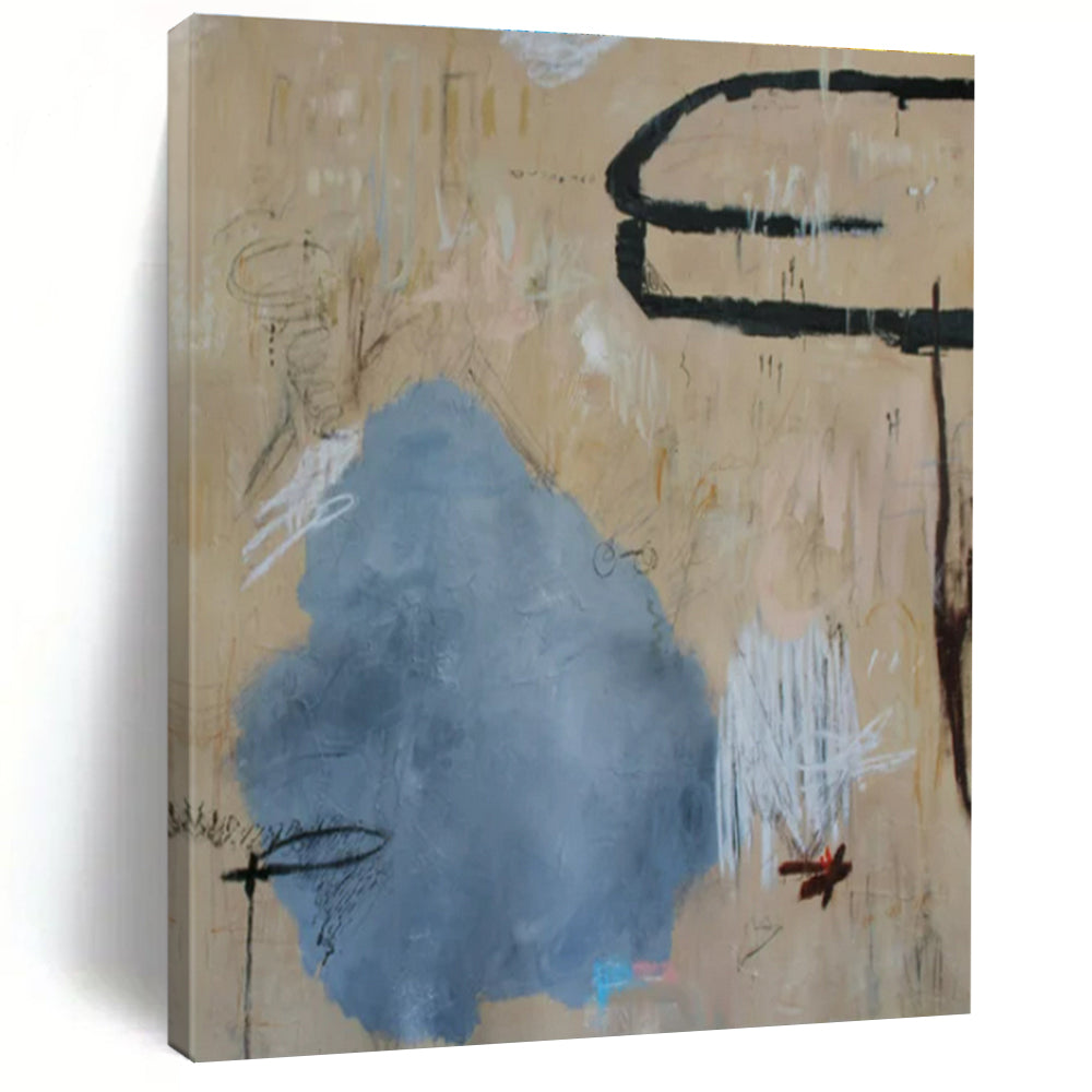 Beige, Blue, Black, White with Scribbled Marks "Vintage Journal" Abstract Painting On Canvas PS1414