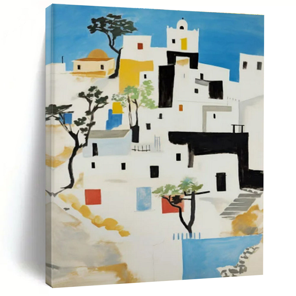 White Village, "Mediterranean Hues" – Modernist Architectural Painting On Canvas PS0882