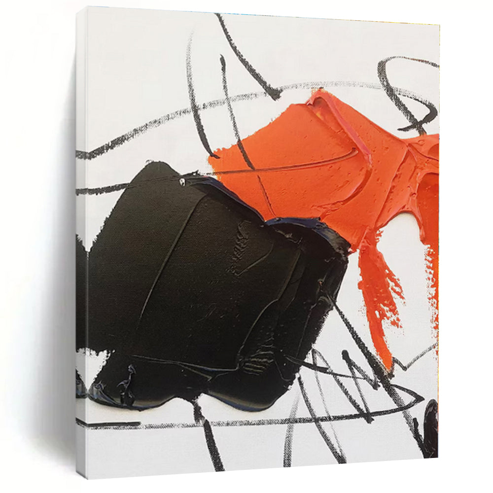 “Black - Orange Dynamic Abstraction” - Black, Orange Abstract Painting On Canvas PS0488