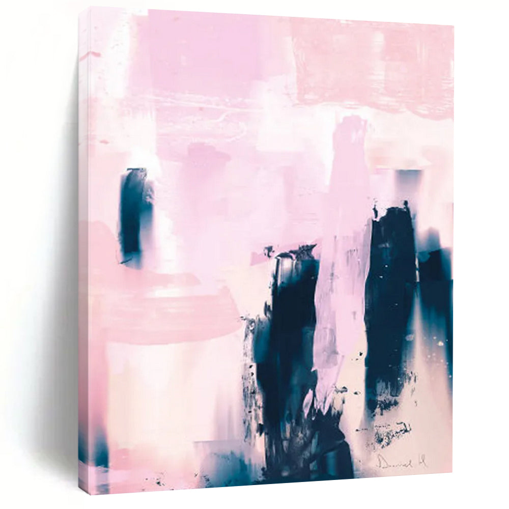 “Pink & Indigo Abstract Towers” - Soft Hues & Bold Forms Painting On Canvas DS179
