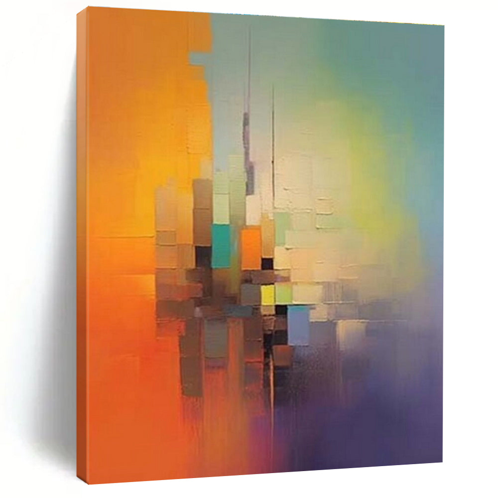 “Color - Blocked Cityscape” - Orange, Green, Blue, Purple Abstract Cityscape Painting On Canvas PS0691