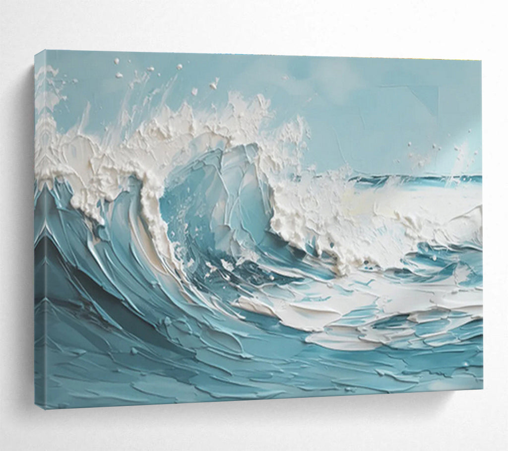 Blue & White Impasto Wave Abstract Painting On Canvas DKS042