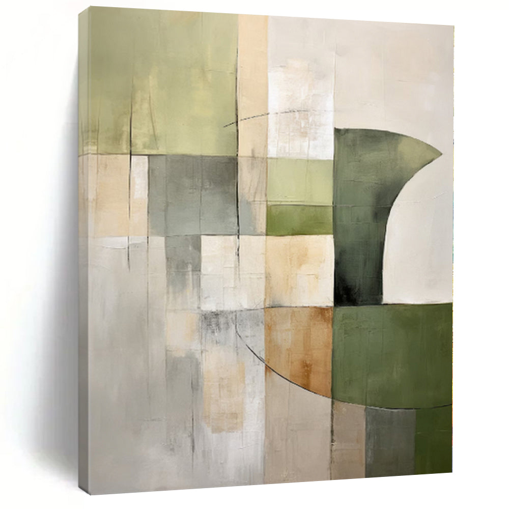 “Green - Gray Geometric Blocks” - Green, Gray Abstract Geometric Painting On Canvas PS0394