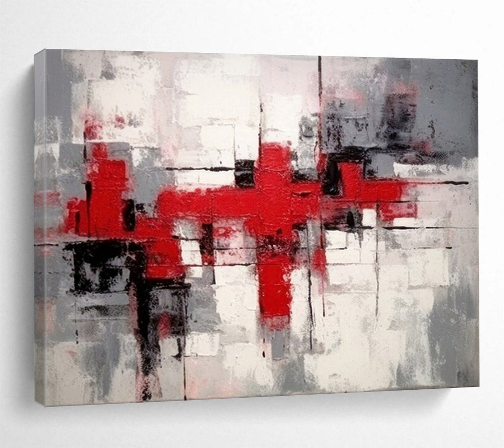 “Red - Gray Abstract Blocks” - Bold Red “Urban Pulse” Painting On Canvas PT1637