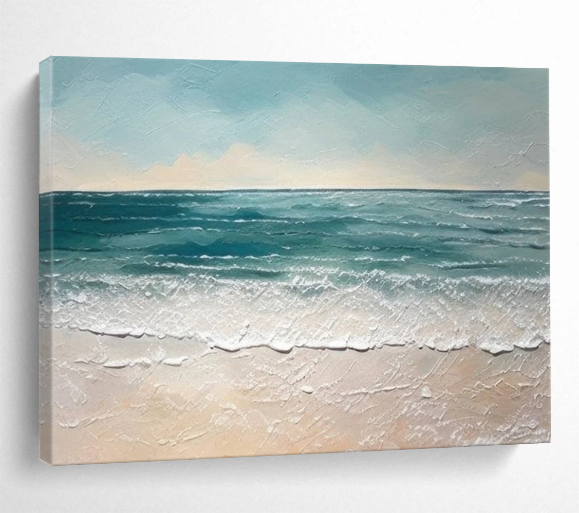 “Textured Seaside in Blues and Beiges” - Impasto Seascape Painting On Canvas PT062