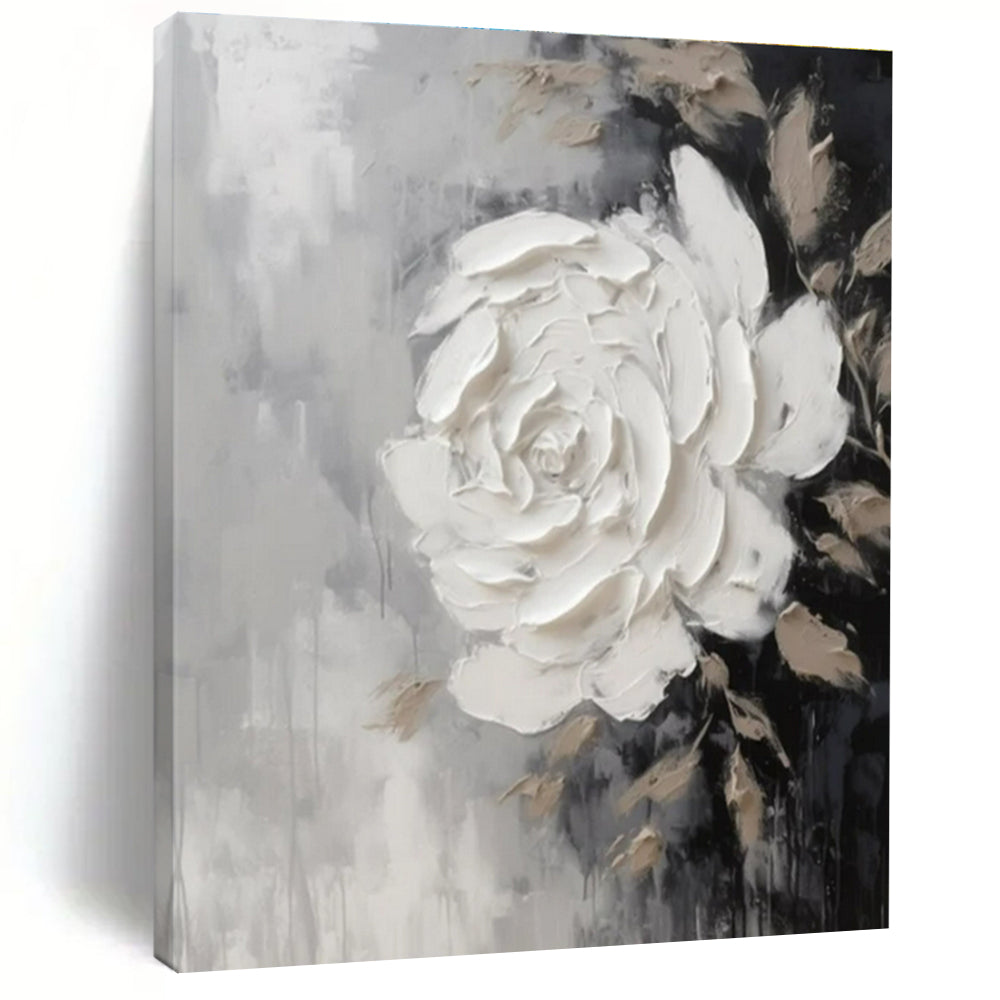 Gray, Black, Beige with Textured White Rose "Tactile Bloom" Abstract Painting On Canvas PS1466