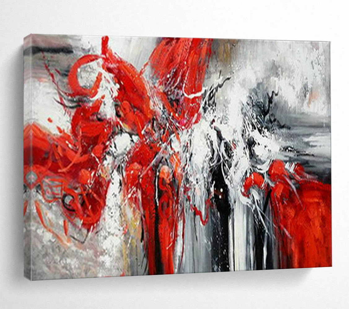 “Red - White Abstract Energy Burst” - Expressive Oil Painting on Canvas PT1485
