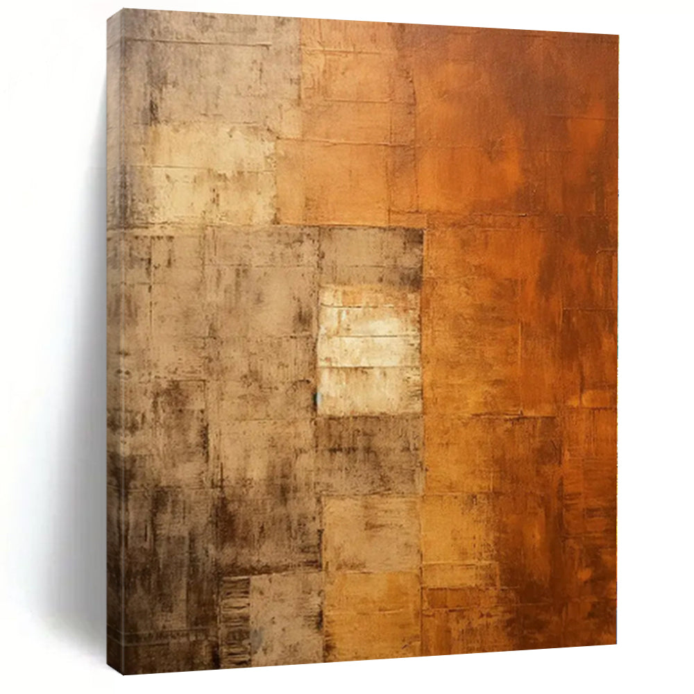 “Brown - Orange Abstract Textured Squares” - Rustic Abstract Painting On Canvas PS0338