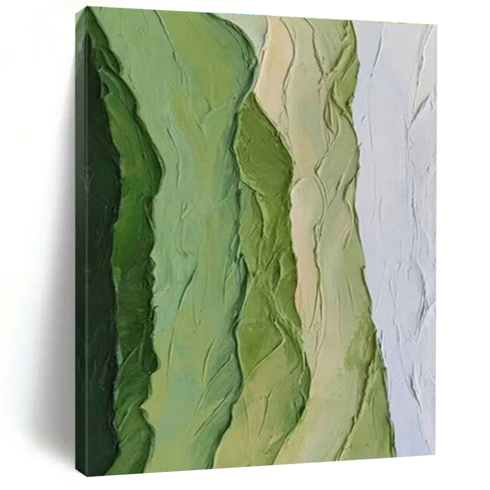 “Green Textured Ridges” - Green, White, Beige Abstract Textured Painting On Canvas PS0634