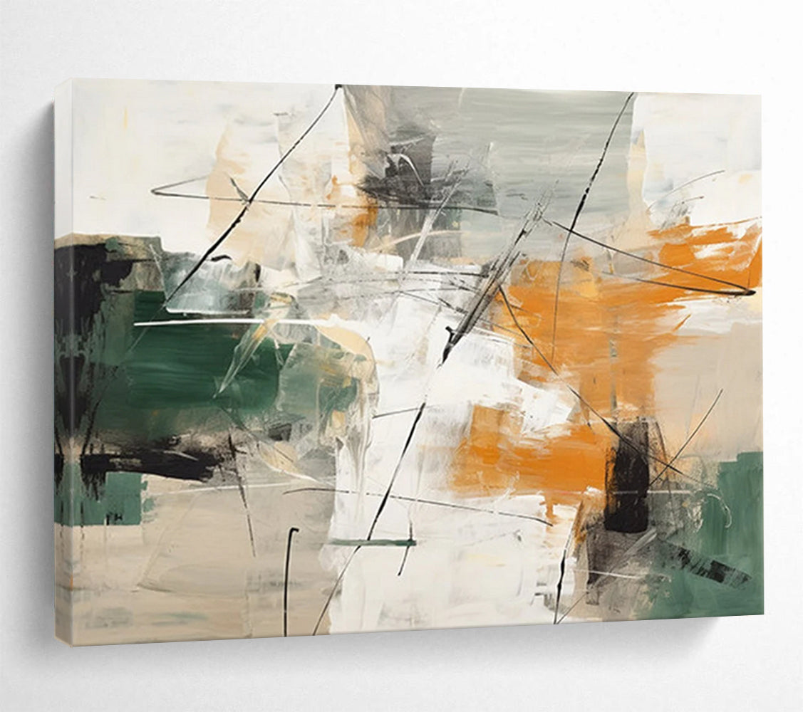 “Green, Orange, and Gray Abstract Strokes” - Expressive Abstract Painting On Canvas PT100