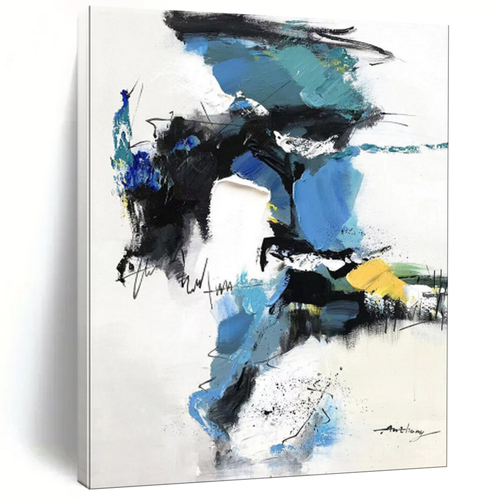 Blue - Black - White Abstract Splash, Echoing Willem de Kooning's Style, Painting On Canvas PT2085