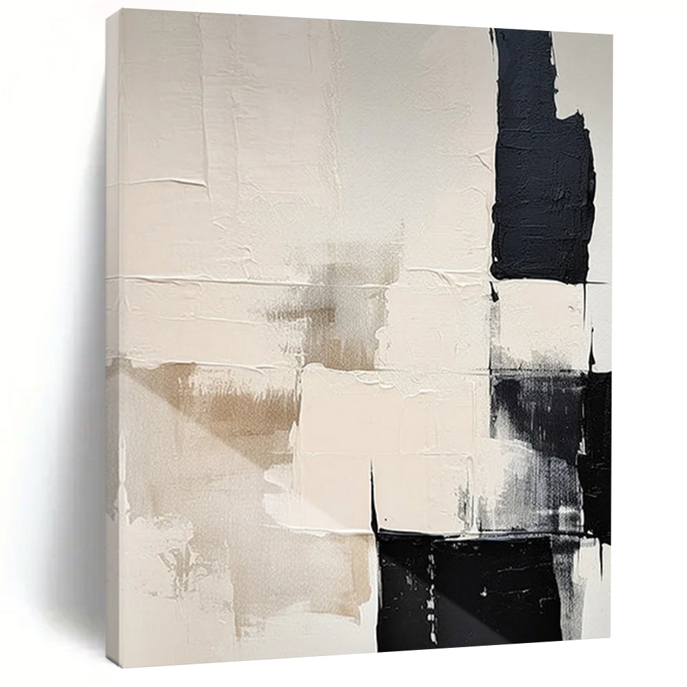 Black - White - Beige Geometric Textures Minimalist Abstract Painting On Canvas DS056