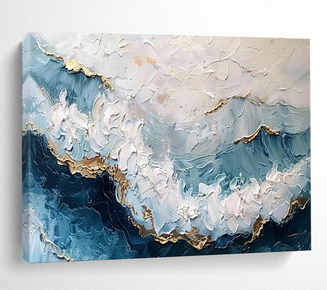 Blue and Gold Textured Waves Contemporary Abstract Painting On Canvas DKS156