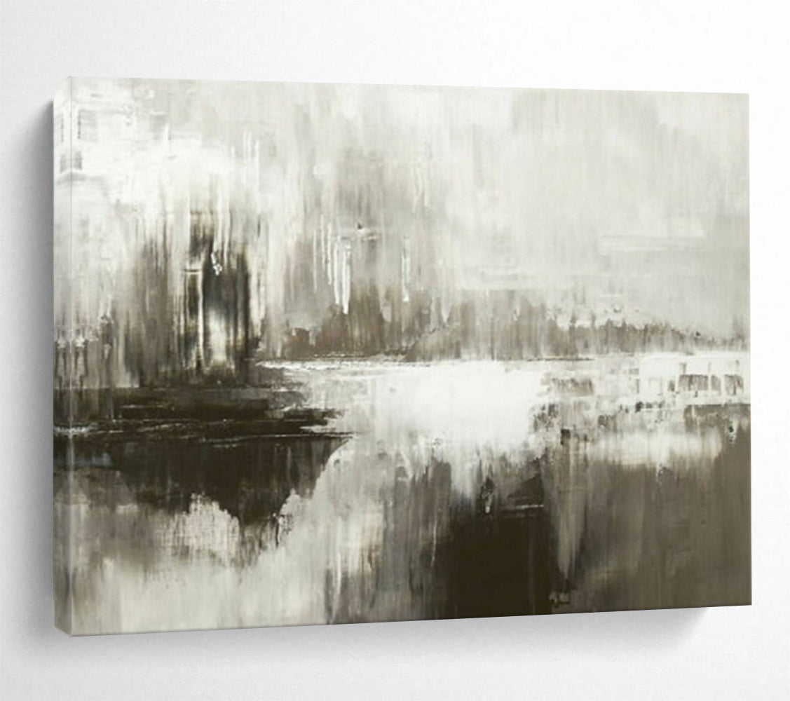 “Gray - White Abstract Horizon” - Muted Tones “Foggy Shore” Painting On Canvas PT1672
