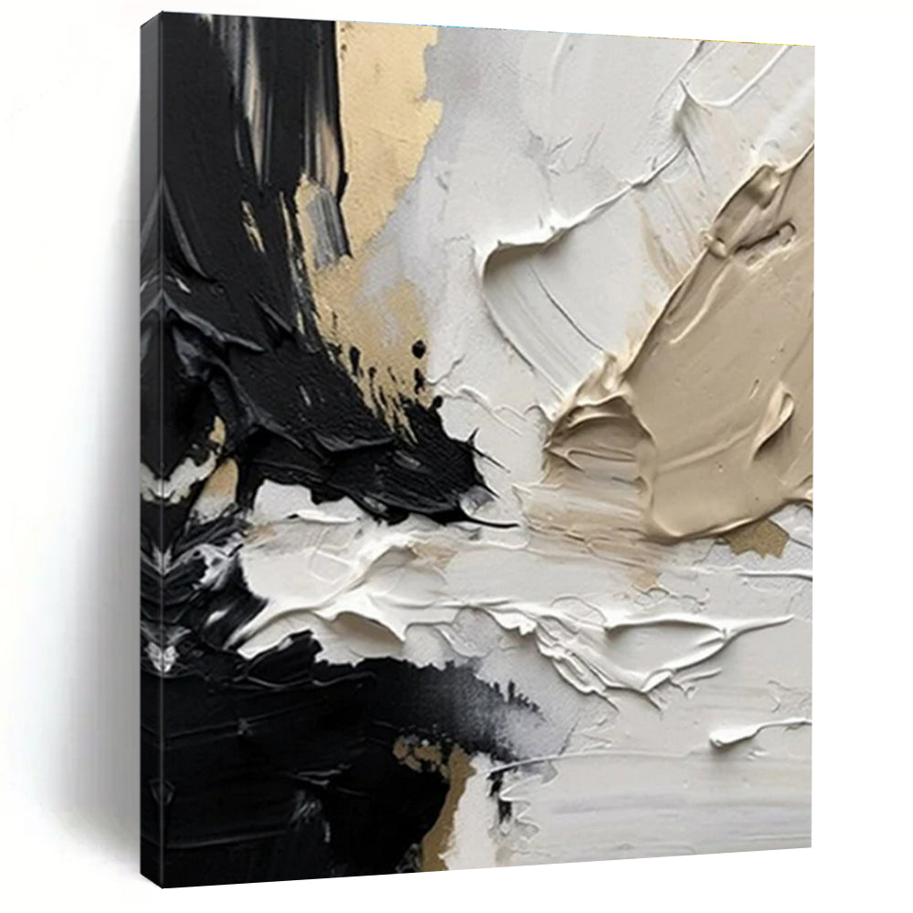 “Black - White - Gold Impasto” - Black, White, Gold Abstract Impasto Painting On Canvas PS0715