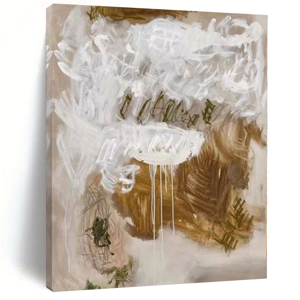 Abstract White and Brown "Expressive Drips" Abstract Expressionist Painting On Canvas PS1085