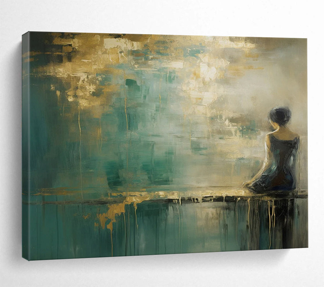 “Woman by the Water in Teal and Gold” - Impressionistic Figurative Painting On Canvas PT087
