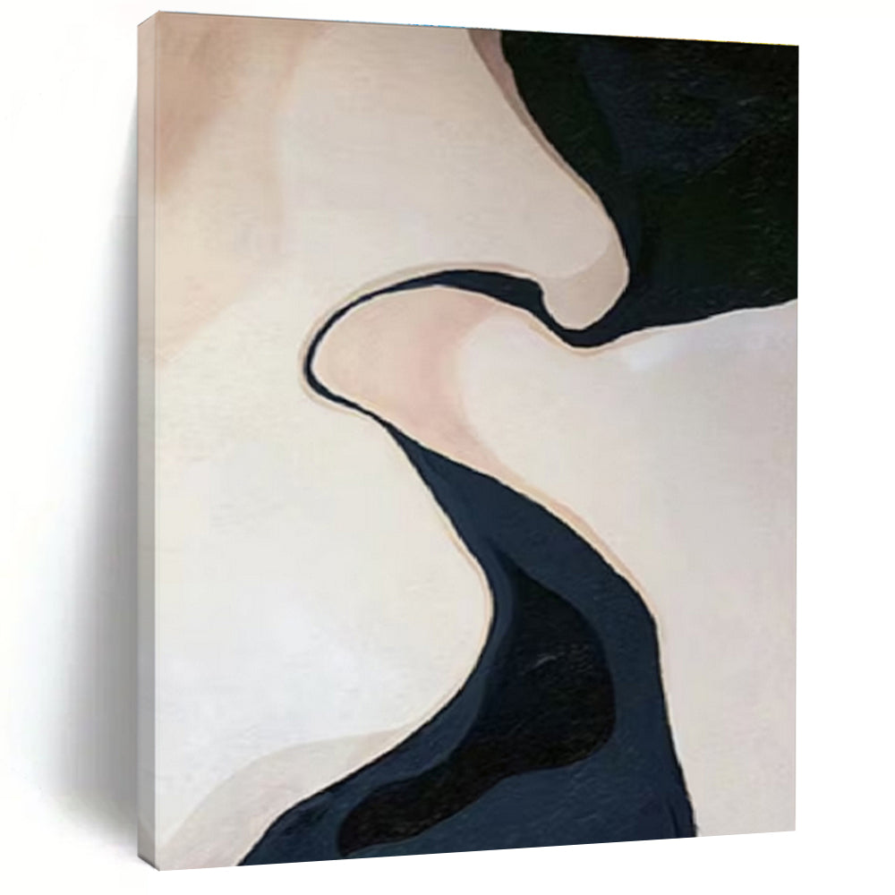 “Meandering Dark River” - Beige, Dark Blue Abstract Landscape Painting On Canvas PS0664