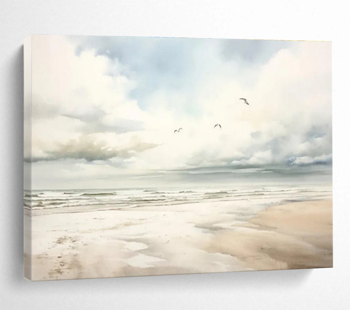 Serene Seaside Watercolor - Realistic Seascape Painting On Canvas DKS320