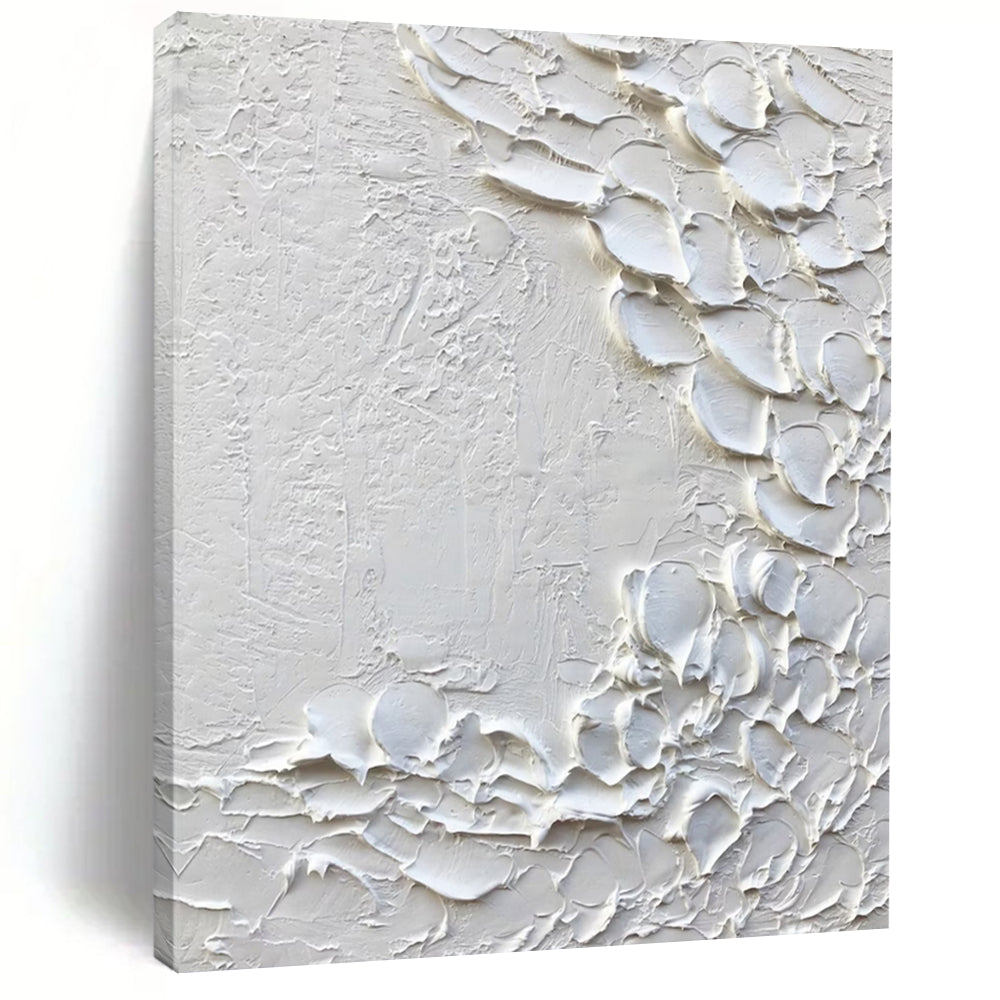“White Textured Abstract with Petal - like Forms” - Tactile Abstract Painting On Canvas DS373
