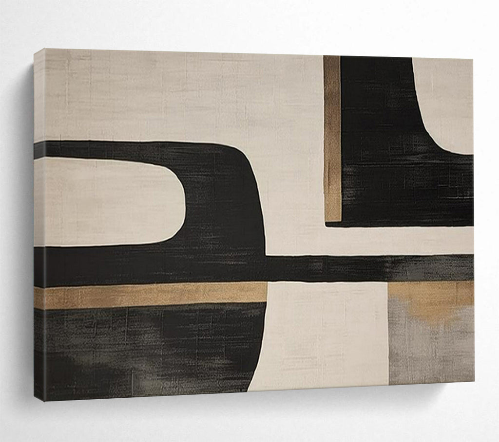“Black - Beige Geometric Forms” - Abstract Modernist - Painting On Canvas PT1734