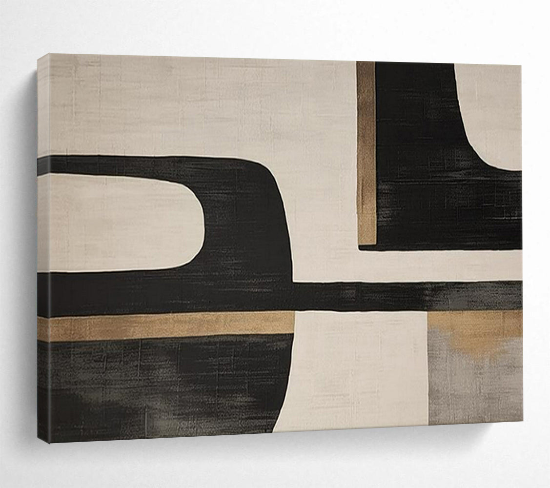 “Black - Beige Geometric Forms” - Abstract Modernist - Painting On Canvas PT1734