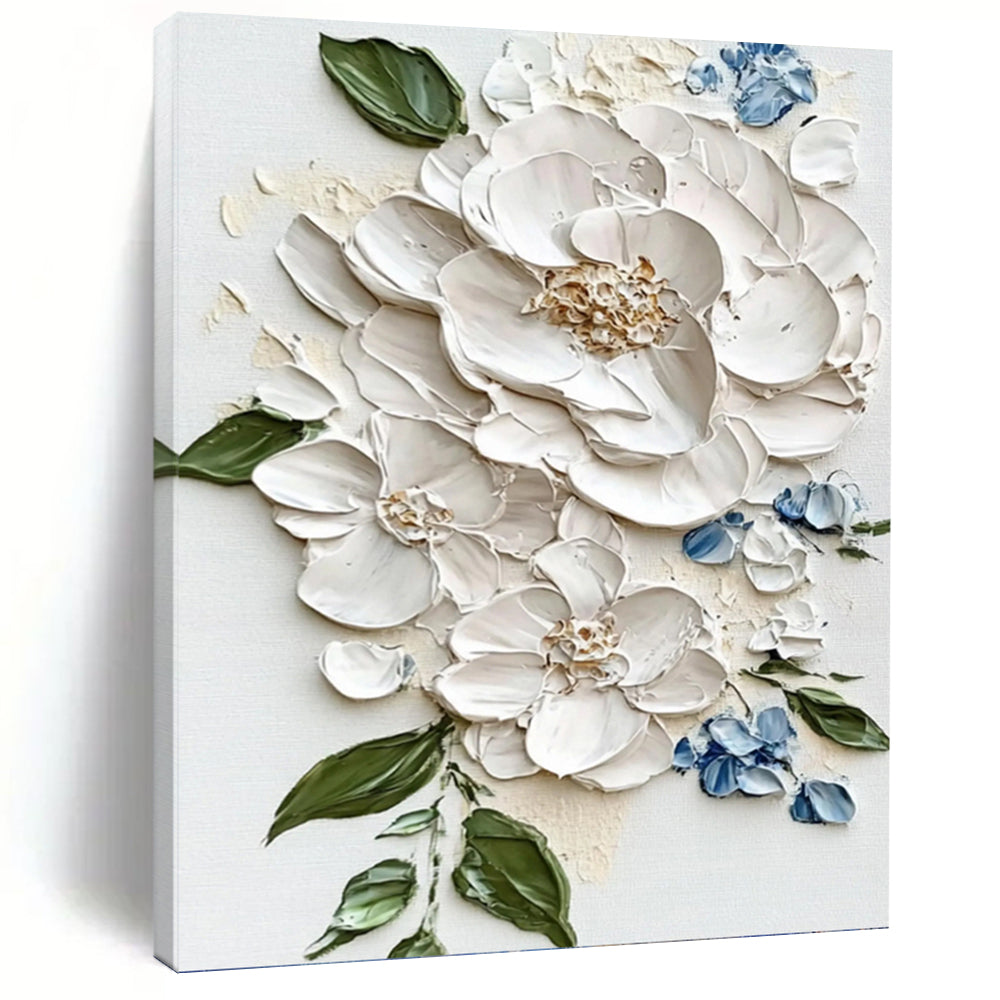 “White - Blue Floral Relief” - Realist - Inspired Floral Painting On Canvas PT1388