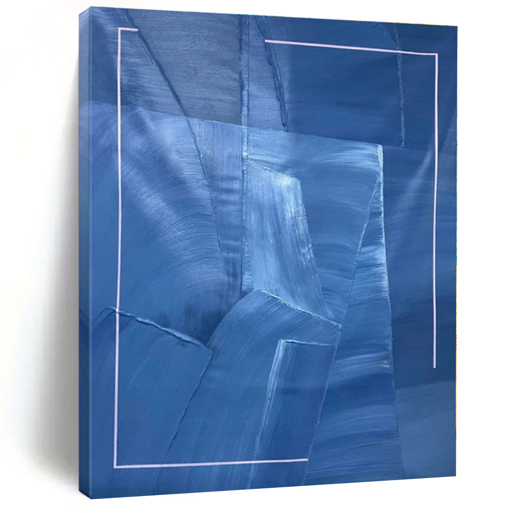 Blue with Layered Textures and White Frame "Blue Layers" Abstract Painting On Canvas PS1322