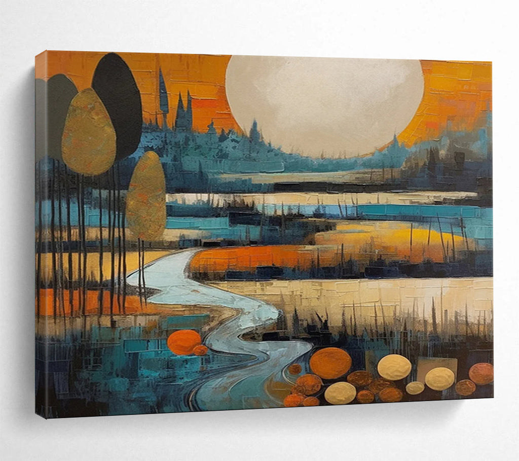 “Color - Blocked Landscape with River and Moon” - Cubist Landscape Painting On Canvas PT086