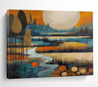 “Color - Blocked Landscape with River and Moon” - Cubist Landscape Painting On Canvas PT086