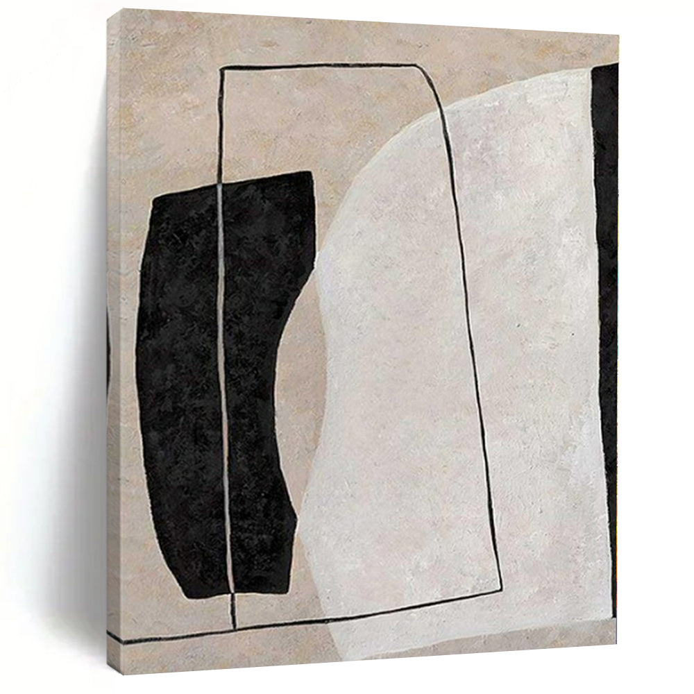 Beige, Black and White with Rectangular and Curved Forms "Form Fusion" Abstract Painting On Canvas PS1123