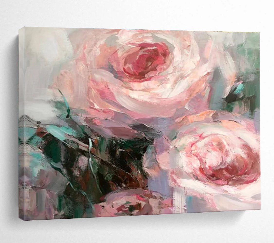 “Soft Pink Rose Blooms” - Pink, Purple & Green Floral, Impressionistic Oil Painting On Canvas DKS724